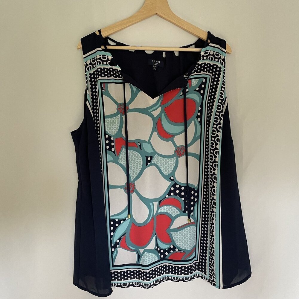 Kaari blue curvy sz 3XL navy blue red white floral short sleeved blouse top